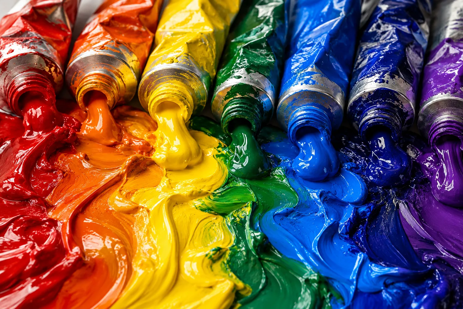 Tubos de pintura de colores ordenados como un arcoíris